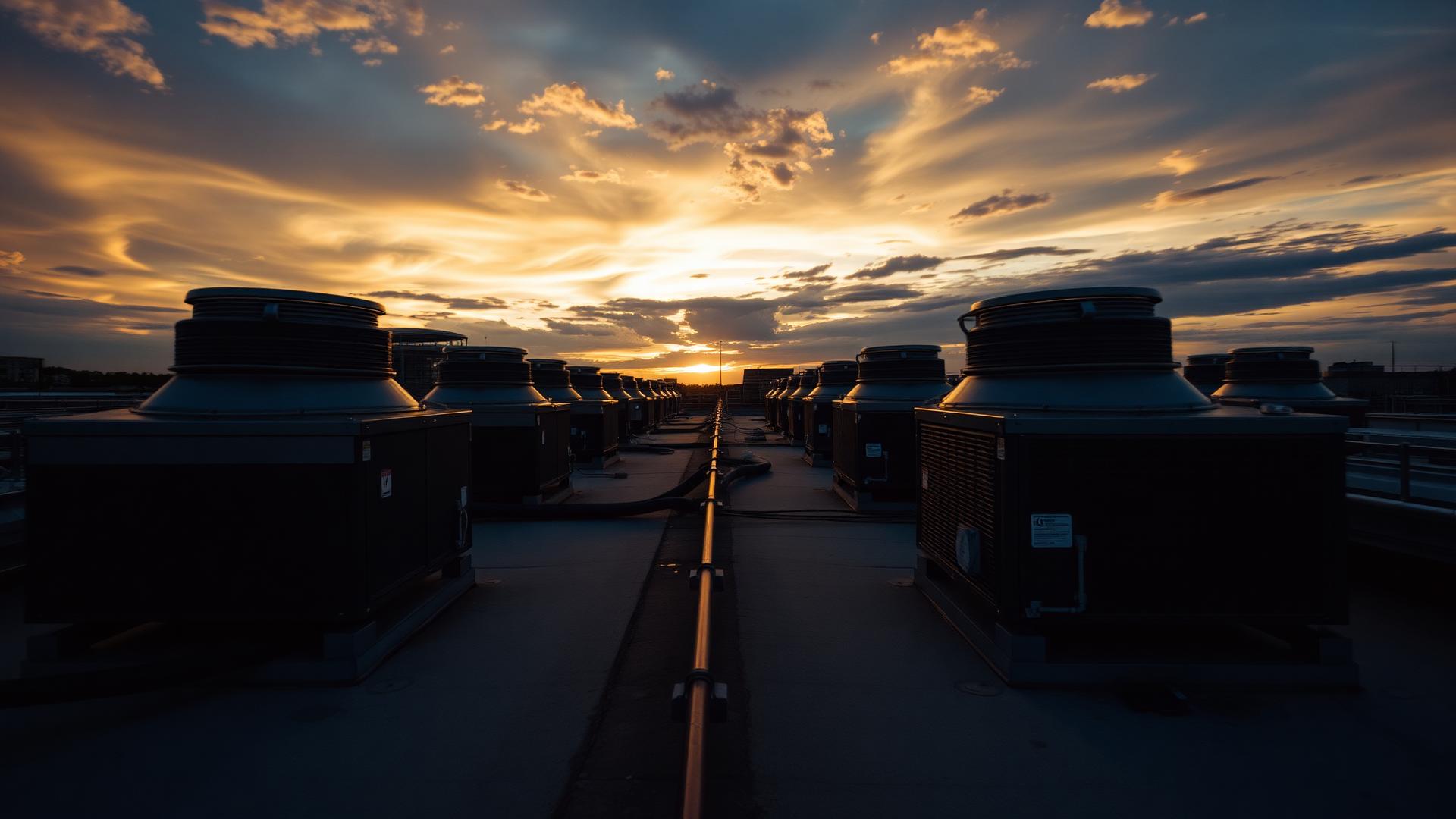 Rooftop commercial HVAC units at dusk in Tarrant County, Texas
